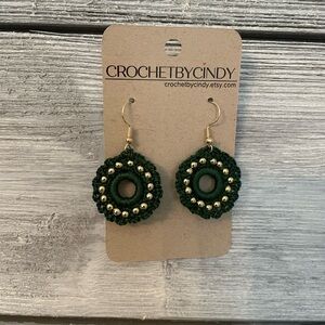 Elegant CrochetByCindy Green and Gold Earrings- Christmas wreath